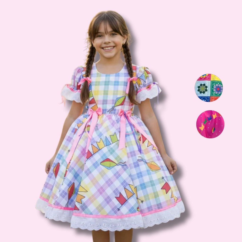Vestido Festa Junina Curto Quadrilha São João Flores Quadriculado Bandeirinhas