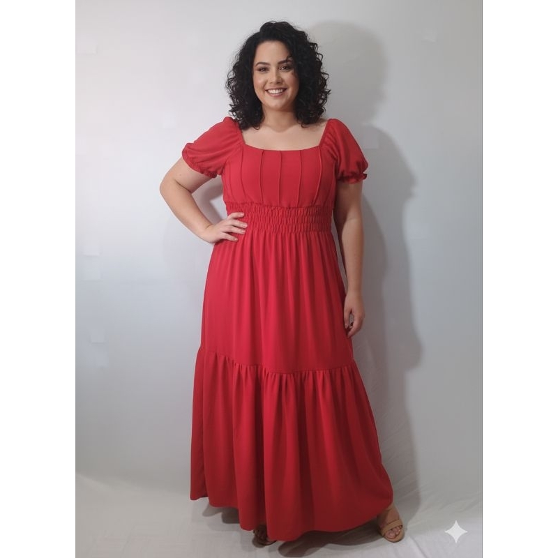 vestido longo plus size estilo ciganinha casual com lastex na cintura