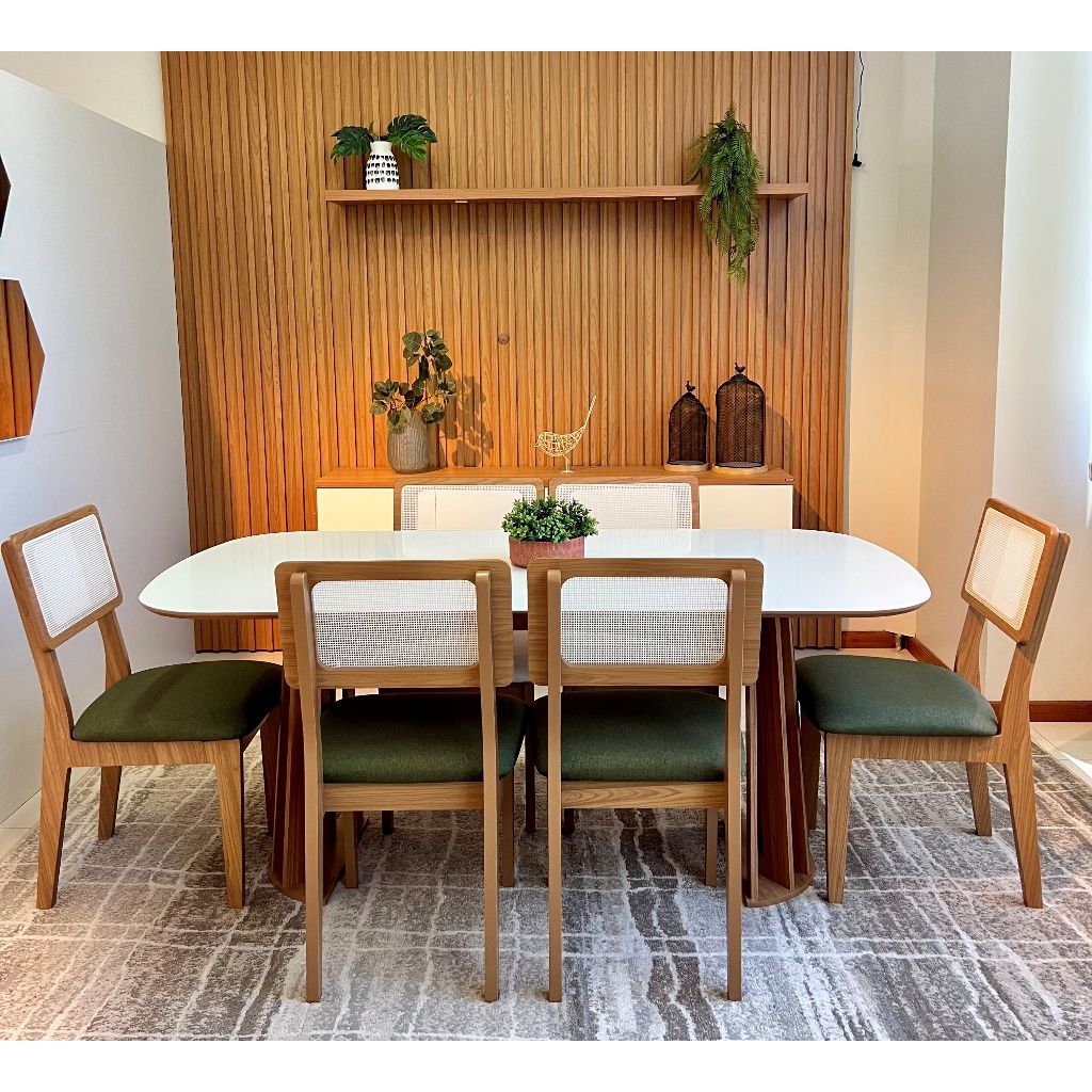 Conjunto Kit Mesa Jantar Oval com 6 Cadeiras Encosto Tela 100% MDF Off White Verde Dalla Costa em Oferta na Shopee
