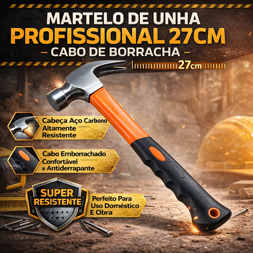 Martelo De Unha Com Cabo De Borracha 27cm Profissional Para Reparos Domésticos E Obra