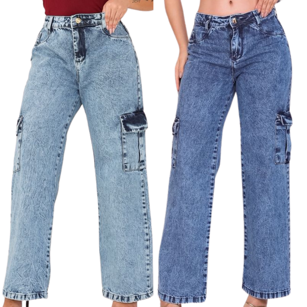 KIT CALÇA WID LEG CARGO JEANS 100% SEM LAYCRA COS ALTO CARGO BOCA LARGA BOLSO NA LATERAL PRETA GRAFITE CLARA ESCURA JEAN em Oferta na Shopee