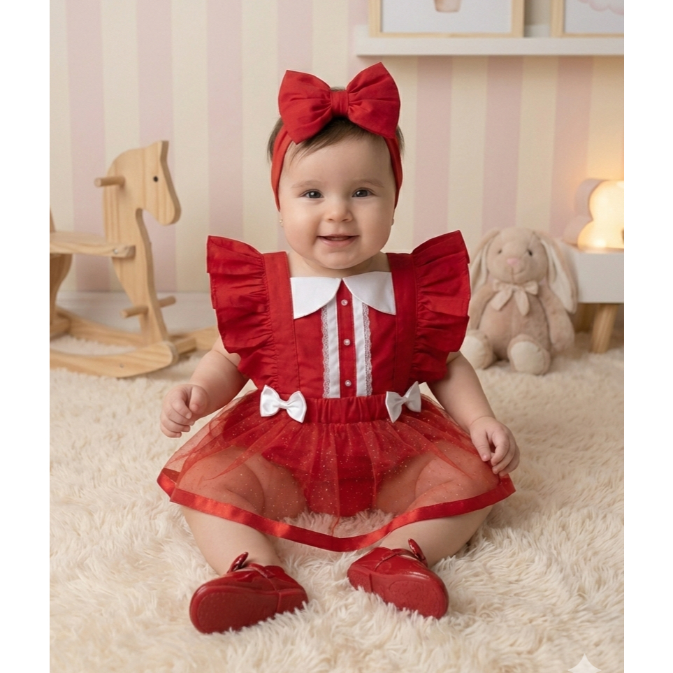 Jardineira Saia Infantil Menina Fofa Natal Pérola Mamae Noel Festa Tiara Roupa Bebê Vestido Fotos