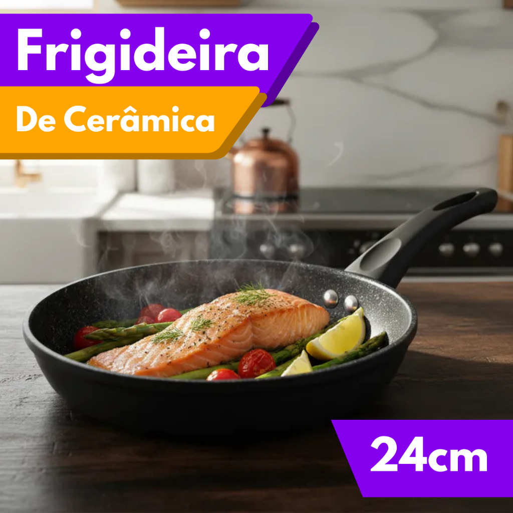 Imagem Frigideira De Indução Cerâmica Antiaderente Reforçada Com Cabo Ergonômico 24cm Preto Creme Granito