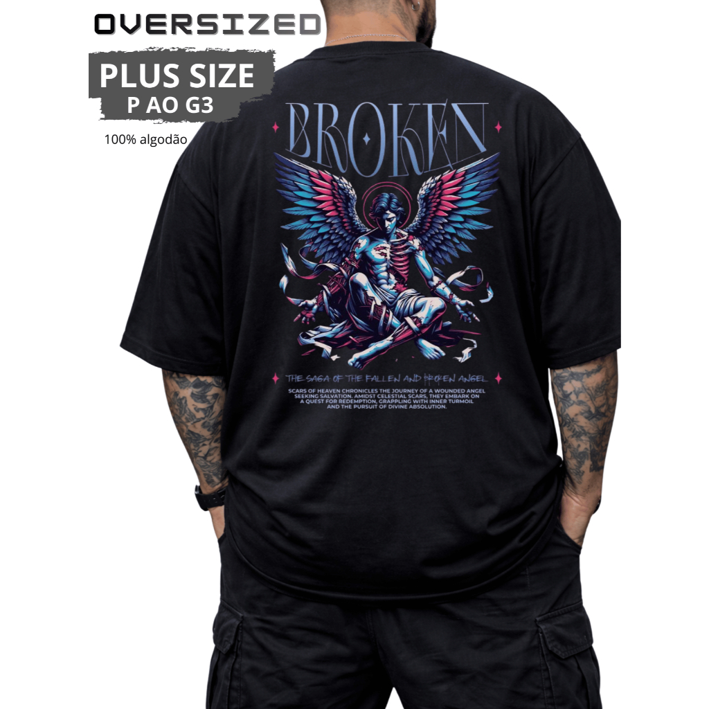 Camiseta Oversized Moda Plus Size Larga 100% Algodão Estilo Streetwear Anjo Broken