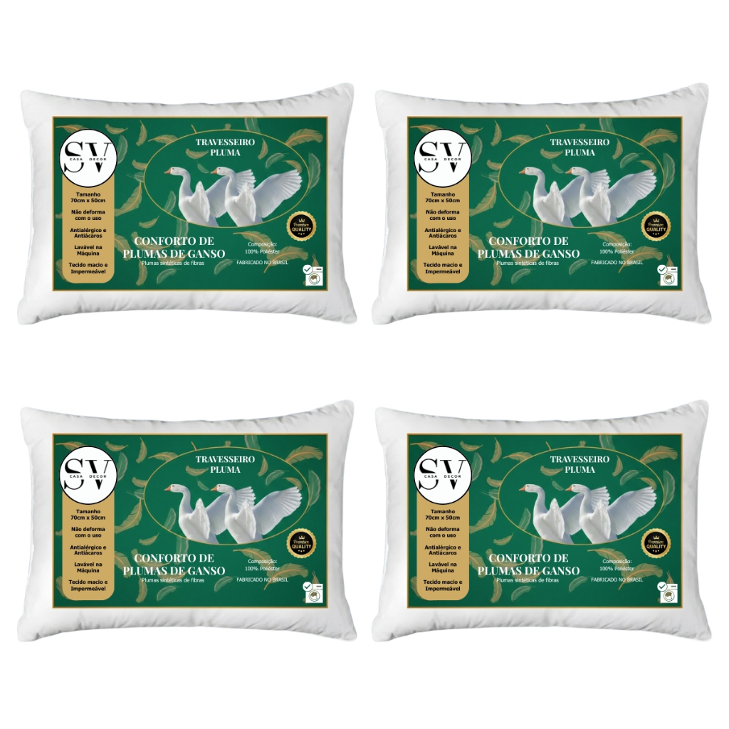 Kit 4 Travesseiros Pluma de Ganso Macio e Confortavel 70x50cm Antiacaro Descanso Hipoalergenico