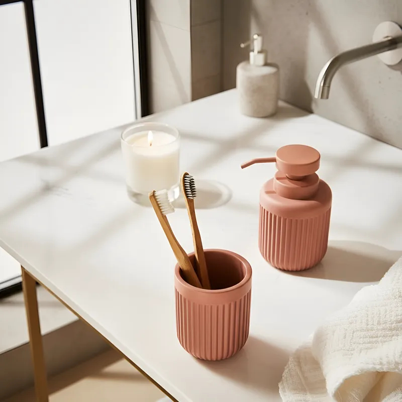 Kit Lavabo Banheiro Dispenser Sabonete Líquido Copo Porta Escova Rose Resistente Canelado Multiuso em Oferta na Shopee