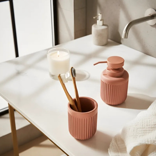 Kit Lavabo Banheiro Dispenser Sabonete Líquido Copo Porta Escova Rose Resistente Canelado Multiuso em Oferta na Shopee