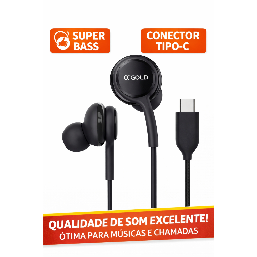 Fone de Ouvido Tipo C com Fio Super Bass A’Gold Pro – Som Potente, Microfone, Co