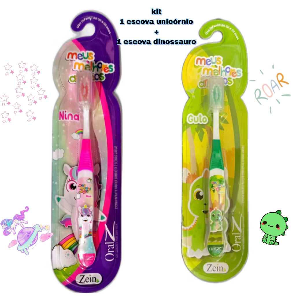 Kit 2 Escovas De Dentes Macia Infantil Criança Menino Dinossauro Verde e Menina Unicórnio Rosa