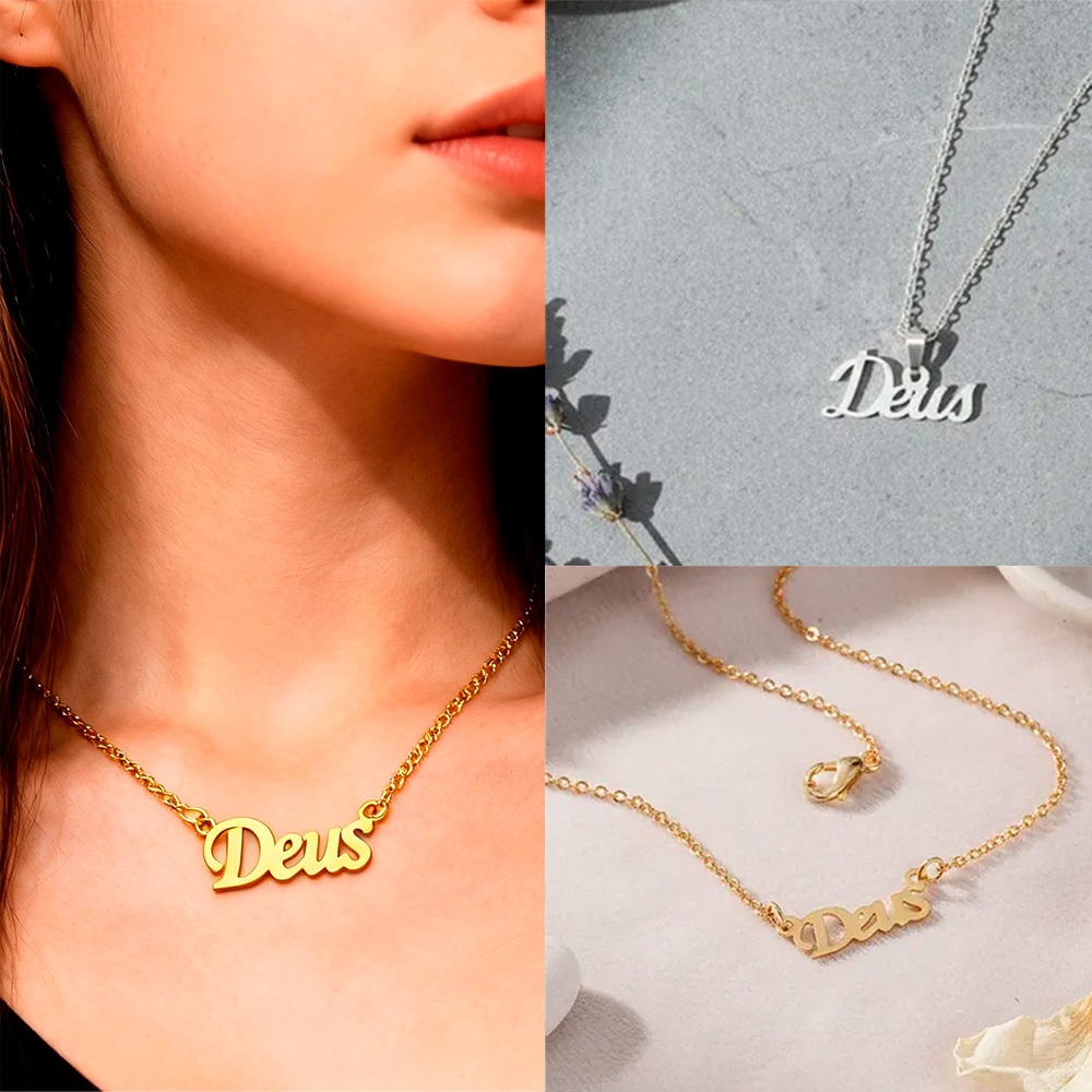 Colar Corrente feminino Escrito Deus Na cor Dourado e Prata Prateada Grgantilha Choker