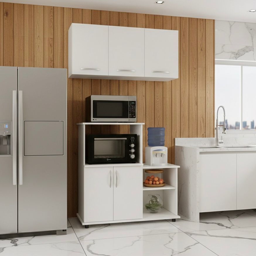 Kit Balcão Fruteira Multiuso Cozinha + Armário Cozinha Compacto 3 Portas