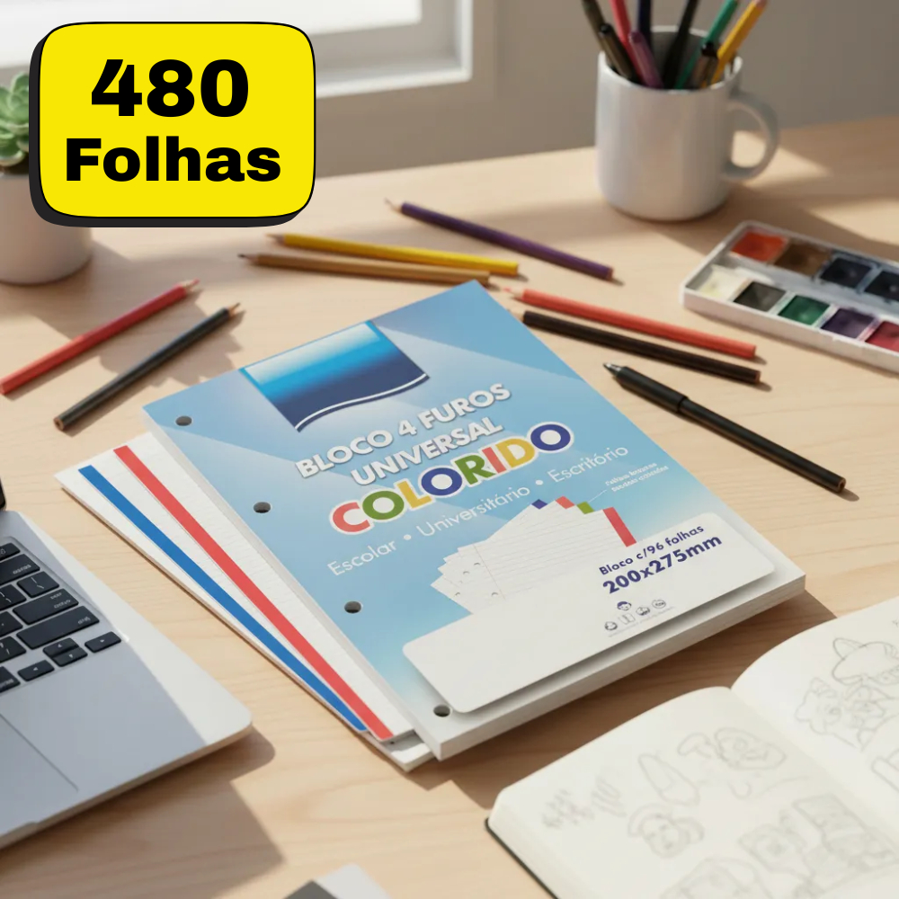 Kits 96, 192, 288, 384 Ou 480 Folhas De Fichário Escolar A4 Bloco Universitário Refil Colegial Colorido Spiral 4 Furos