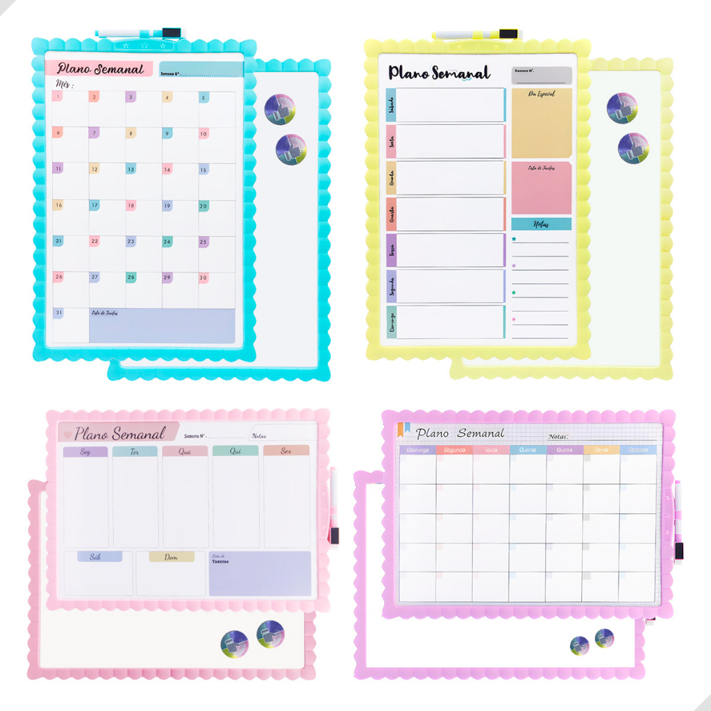 Quadro Planner Semanal e Mensal Magnética com Moldura Colorida e Caneta com Apagador Lousa Branca
