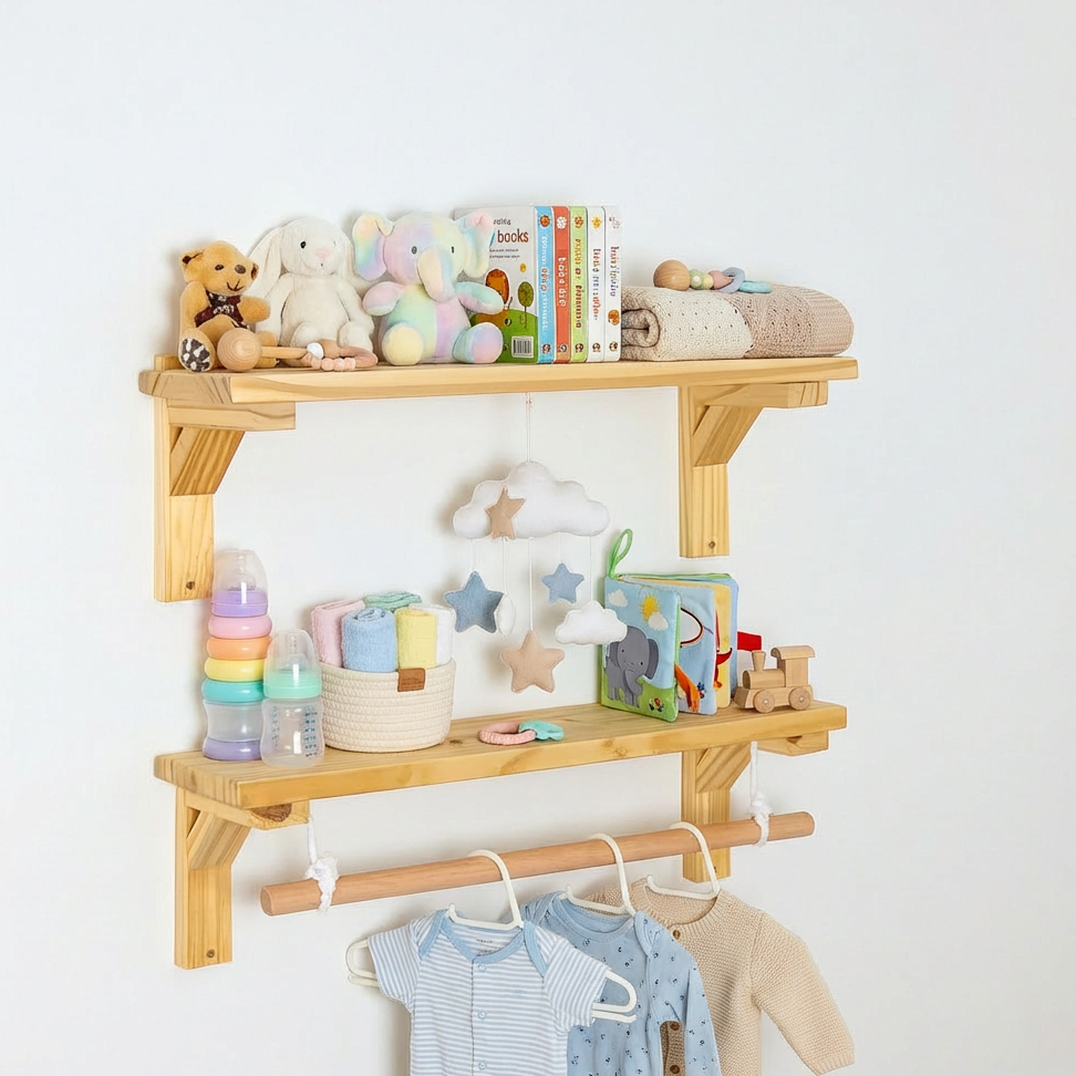 Kit 2 Prateleiras organizadora com cabideiro suspenso | Prateleiras de madeira para berçário em Oferta na Shopee