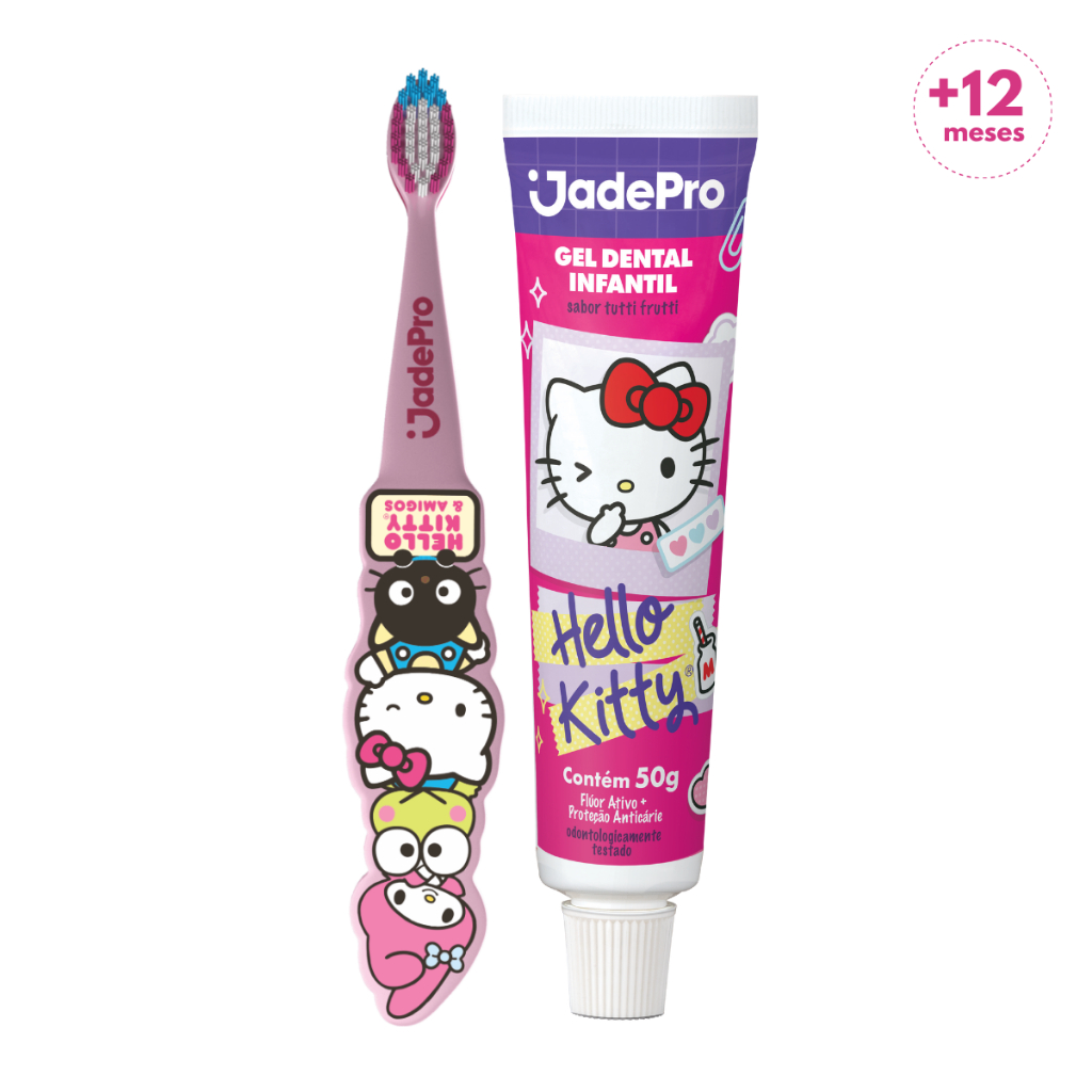 Kit Escova de Dente Menina Hello Kitty c Borda Protetora + Gel Dental c Glitter +12m Cerdas Macias