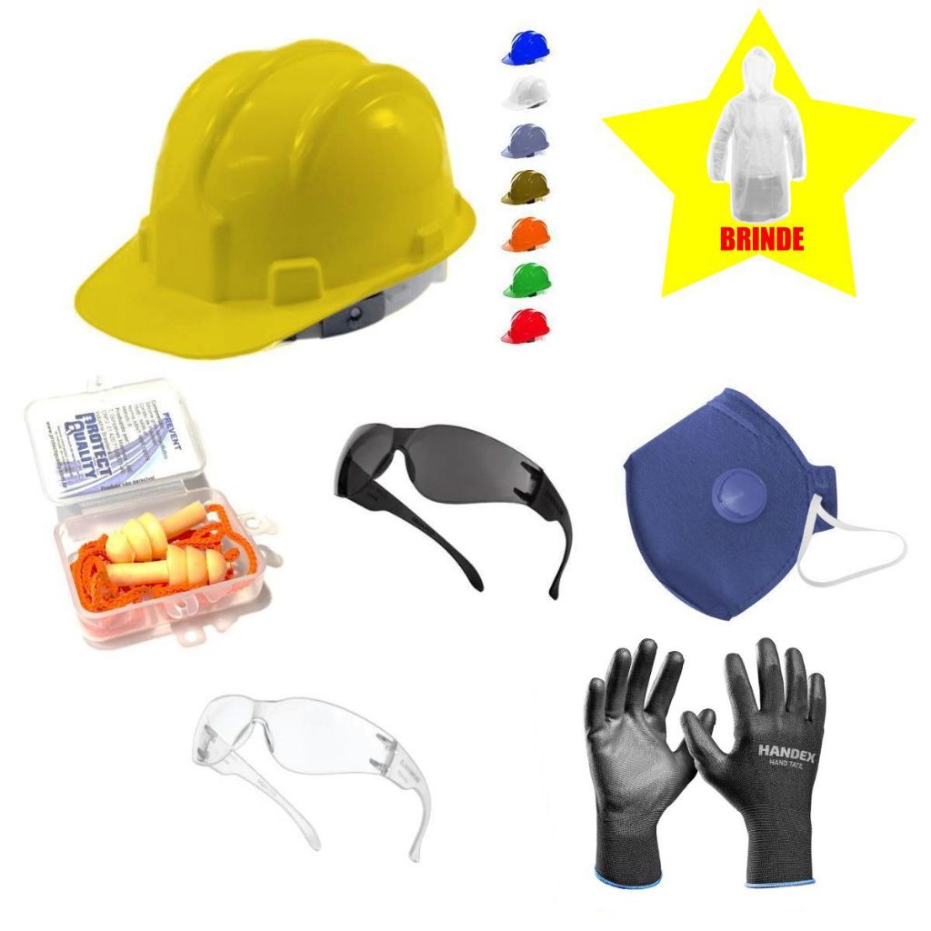 Kit Segurança Obra Pedreiro Capacete Abafador Óculos Máscara Luva Epi + BRlNDE