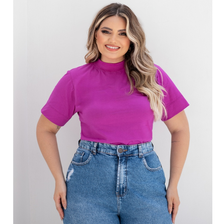 T-shirt Feminina Gola Alta 100% Algodão Básica Confortável Atemporal Camiseta Versátil Estilosa