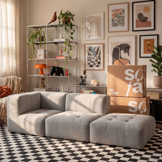 Sofá 2 lugares Modular com Apoio (Puff) - Sofá na Caixa em Boucle com 3 Módulos 2,58m - 1 Braço em Oferta na Shopee
