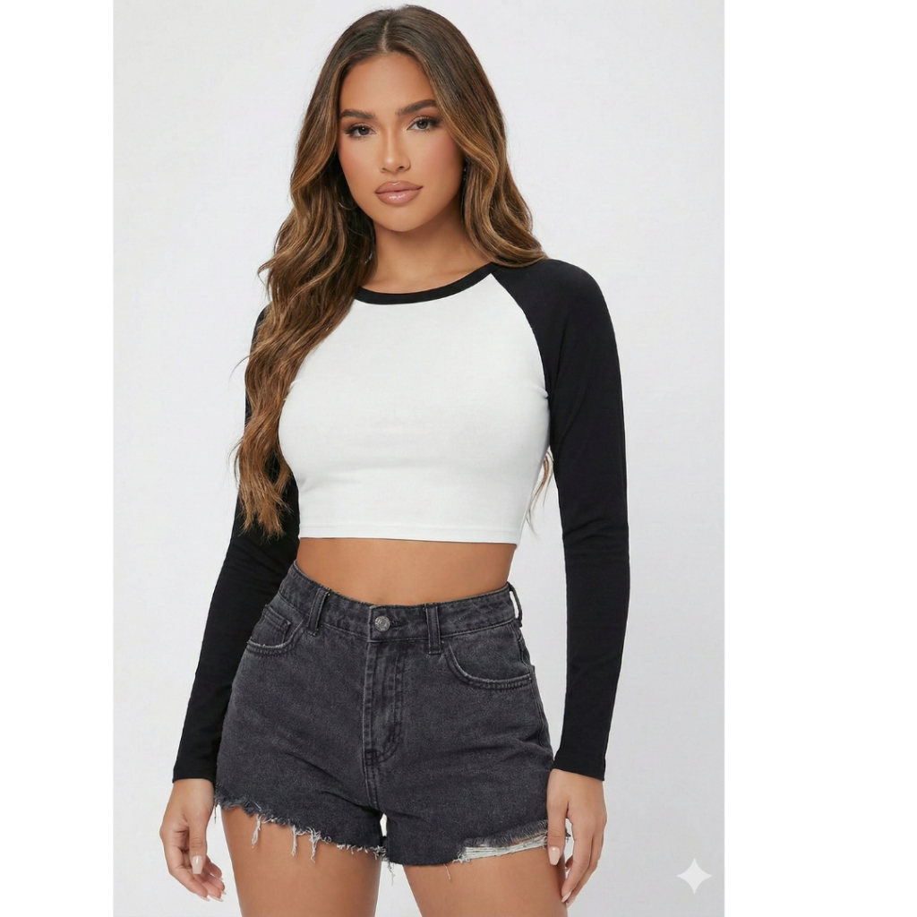 Cropped Feminino Manga Longa Estilo Raglan Modinha em Oferta na Shopee