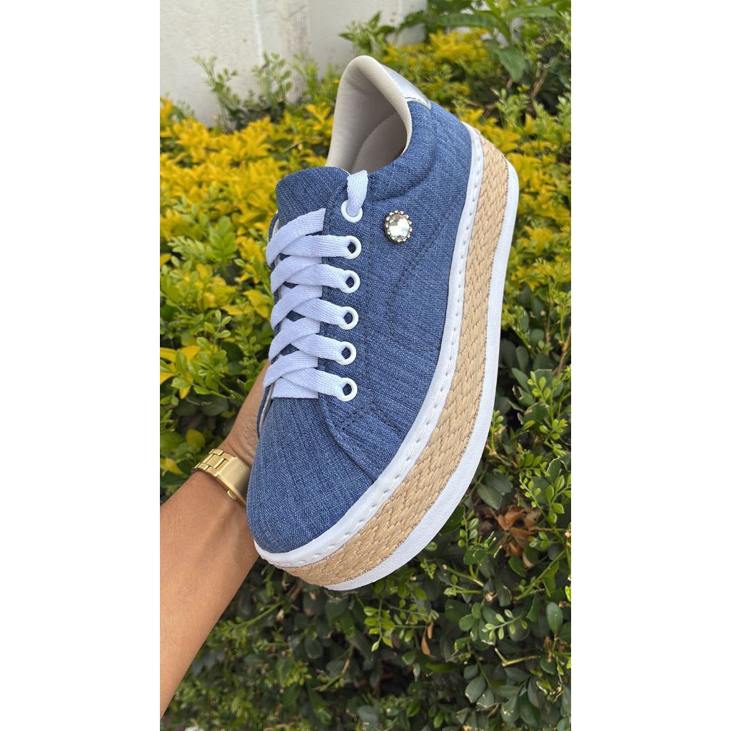 Tênis Casual Feminino Tecido Jeans Claro Plataforma Alta