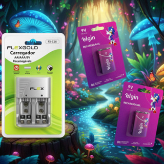 Kit Carregador Flex Gold + 2 Baterias 9V Elgin Recarregável , recomendados para violões, brinquedos e outros eletrônicos em Oferta na Shopee