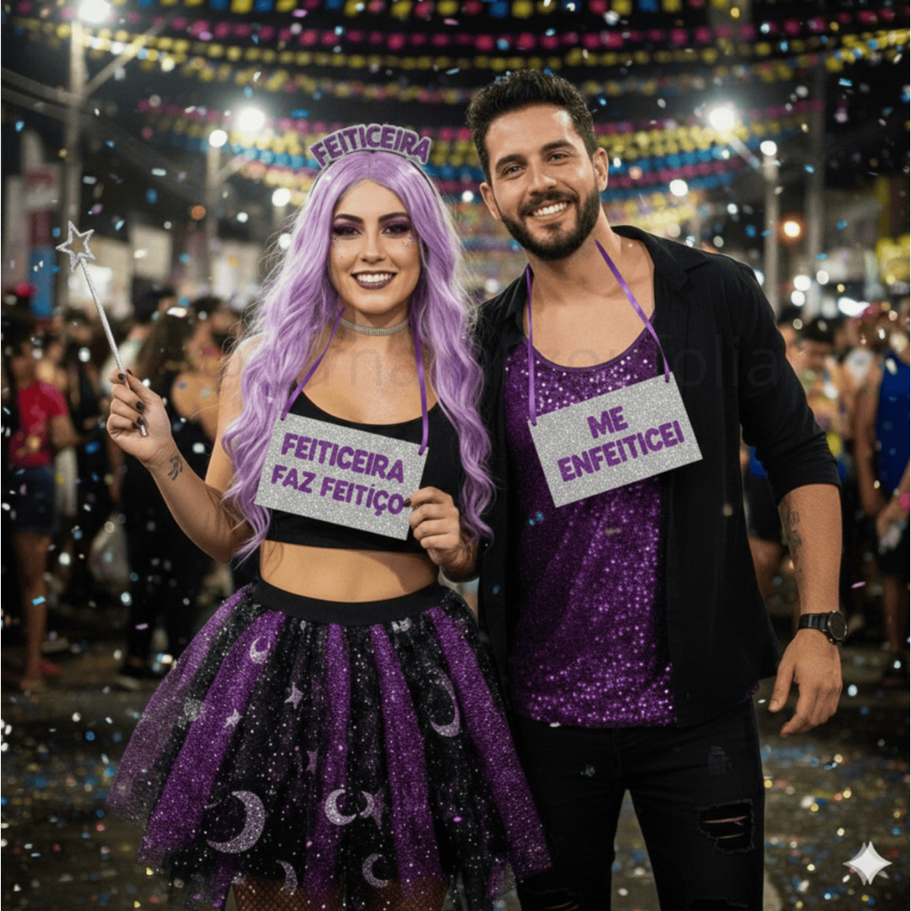 Kit Casal Feiticeira | Tiara Feiticeira com Fundo e Placas Para Casal Usar | Feiticeira faz feitiço me enfeiticei