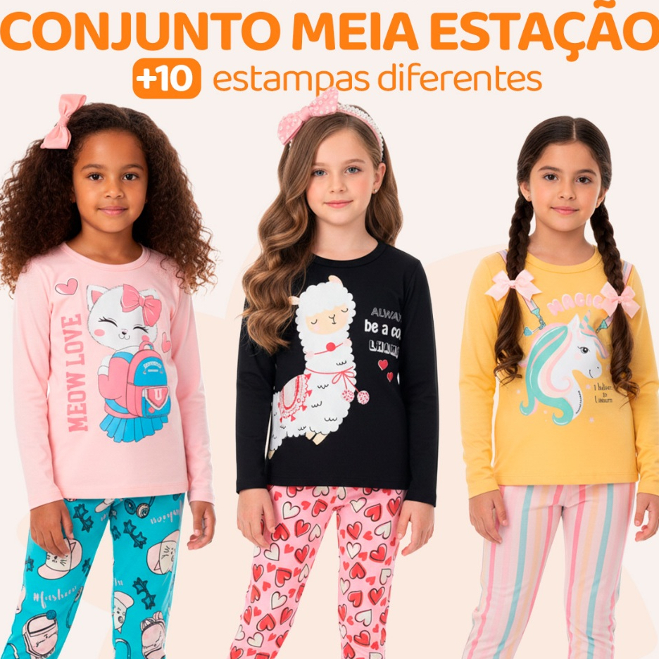Kit Sortido 2, 4 ou 6 Peças de Roupas Feminino Infantil Menina Inverno e Meia estação Frio Blusa Manga Longa e Legging