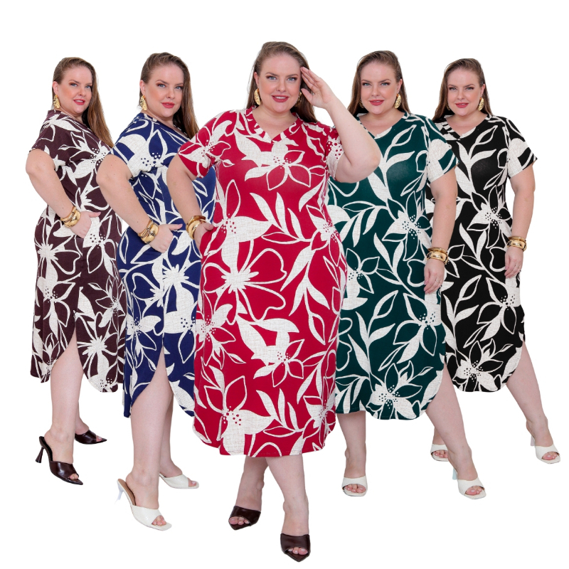 Vestido Plus Size Midi Longo Estampado Floral Gola V Bolso Fenda Laterais Moda Evangelica 44 ao 58 em Oferta na Shopee