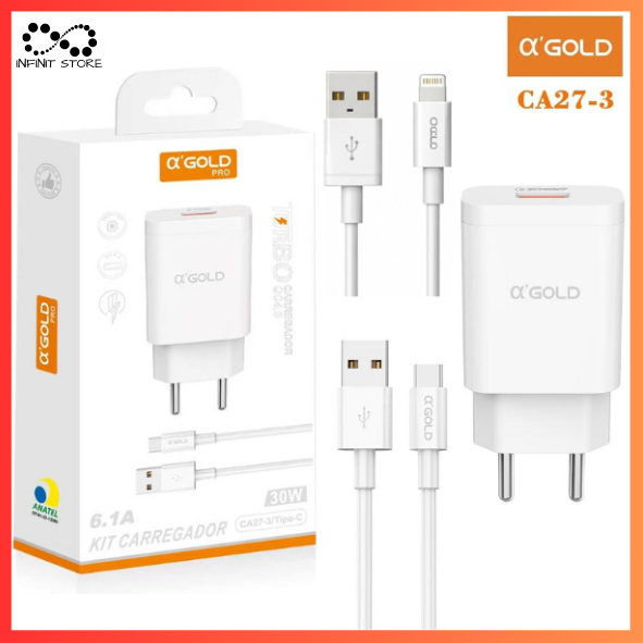 Kit Carregador Fonte + Cabo 30W Entrada USB + Tipo-C/USB + Lightning Para iPhone e Android em Oferta na Shopee