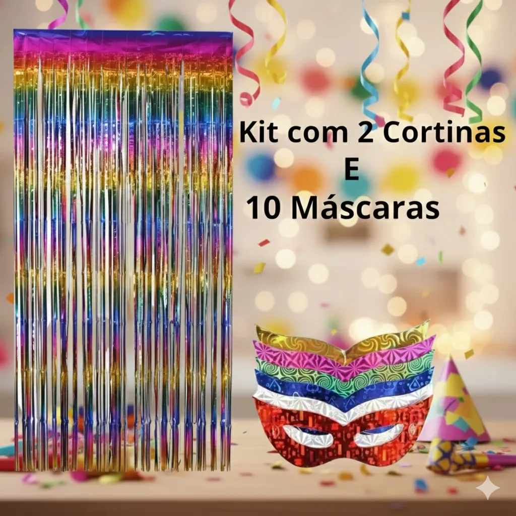 Kit Decoração Carnaval Cortinas Metalizadas + Máscaras Gatinha Holográficas Festa em Oferta na Shopee