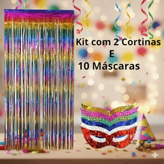 Kit Decoração Carnaval Cortinas Metalizadas + Máscaras Gatinha Holográficas Festa em Oferta na Shopee