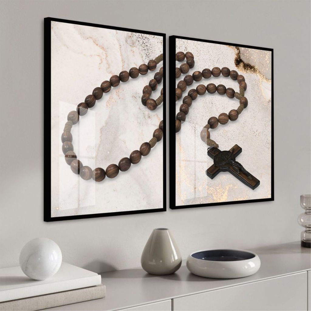Quadro Moldura Vidro Kit Duas Peças Terço Crucifixo Madeira Marrom Decoração Quarto Sala Escritório