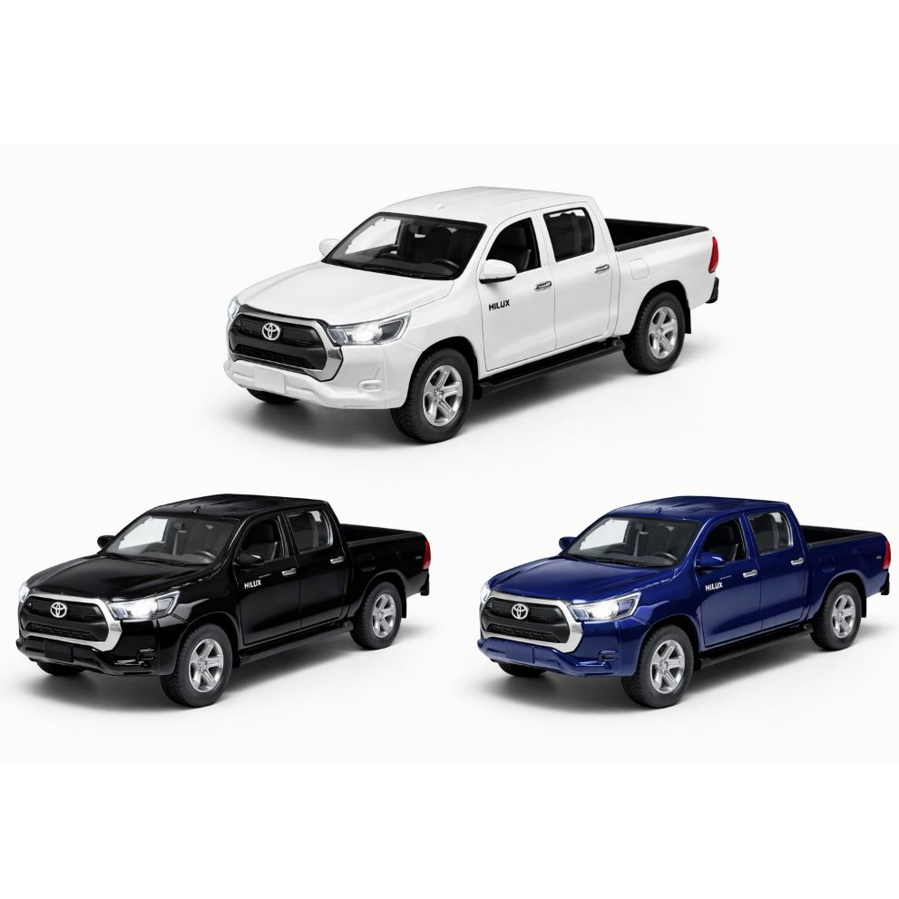Miniatura Toyota Hilux – Metal – Cores Azul, Preto e Branco – 12cm