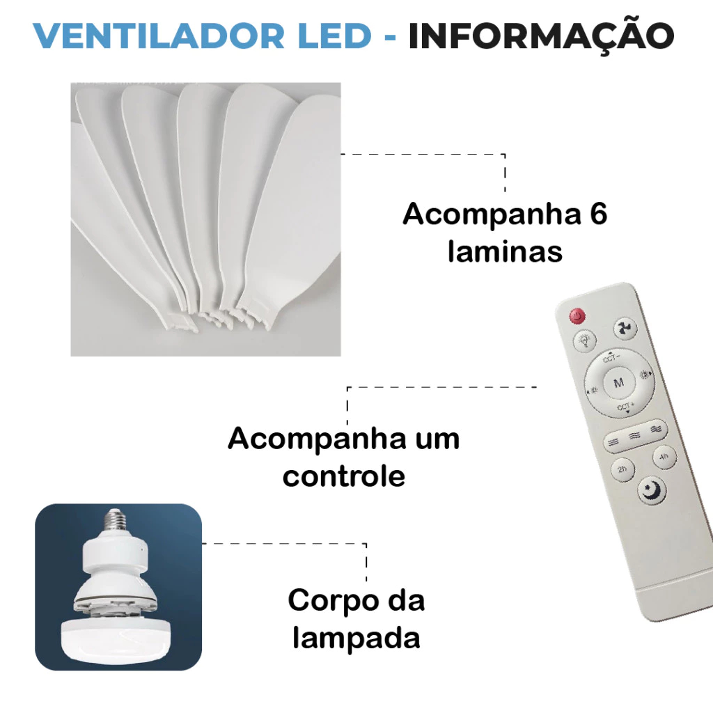 Ventilador Teto 60W 52CM Super LED Lâmpada E27 Controle Remoto Luminária de Energia 6 lâminas