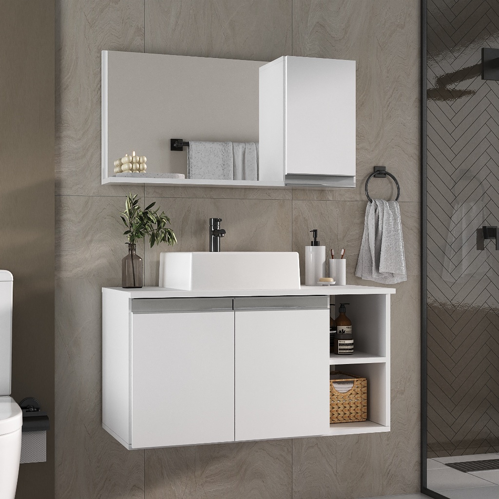 Conjunto Gabinete Banheiro Virtus 80cm (gabinete + cuba + espelheira)