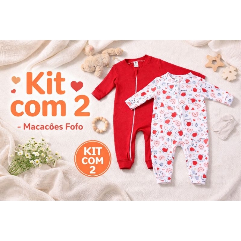 ​Kit 2 Macacões Bebê 100% Algodão ( Suedine)- Estampa Bichinhos e Liso - Com Zíper Menina/Menino- Rn/P/M/G