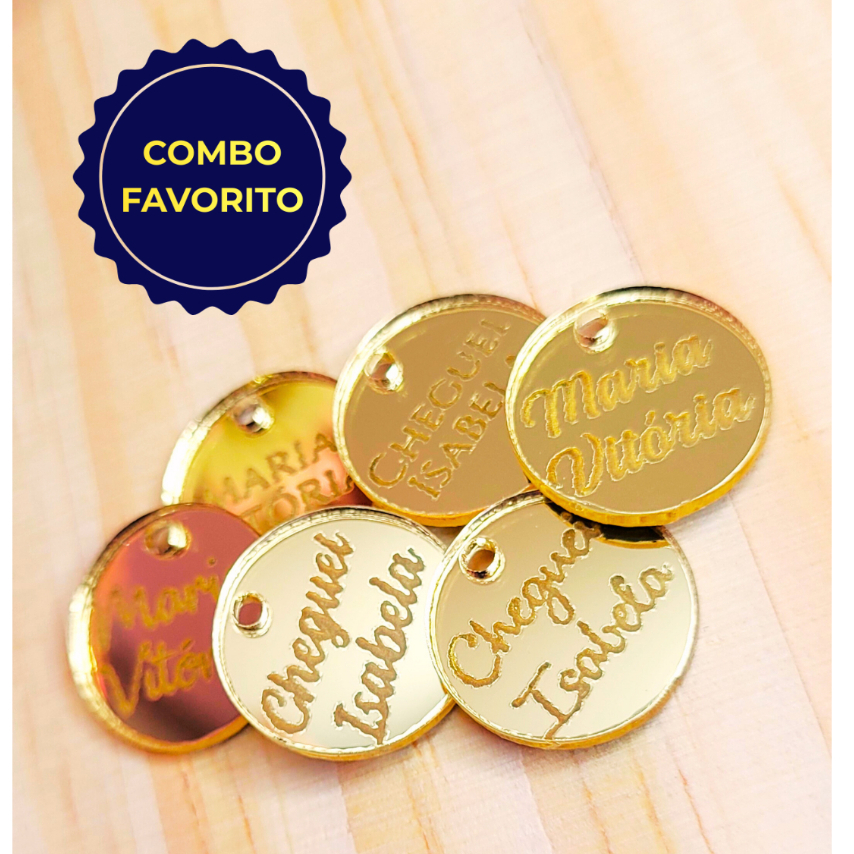 Kit 20 Tags Medalha Acrílico 1,5cm c/ Seu Nome - Pronta Entrega