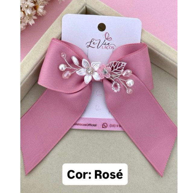 Laço de Cabelo Infantil Luxo 9cm com Flores e Cristais para Menina