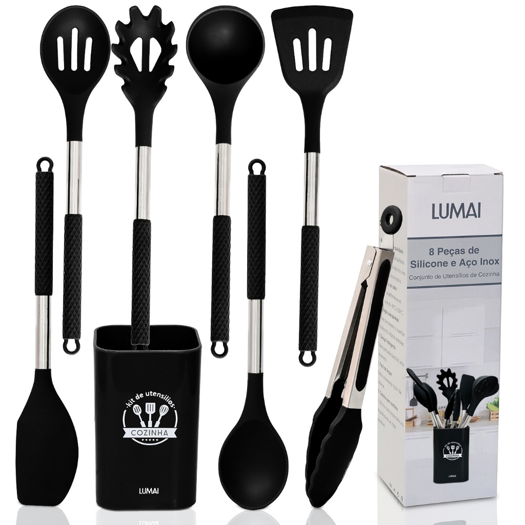 Kit 8 Utensílios de Cozinha de Silicone Preto e Aço Inox Grande com Balde - Original LUMAI