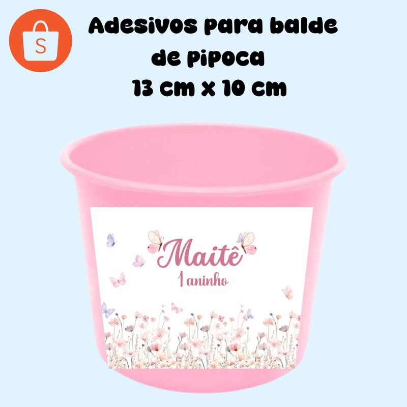 Adesivo Balde de Pipoca Personalizado Jardim Encantado Lembrancinha de Aniversário Infantil Rótulo Autocolante Brilhante