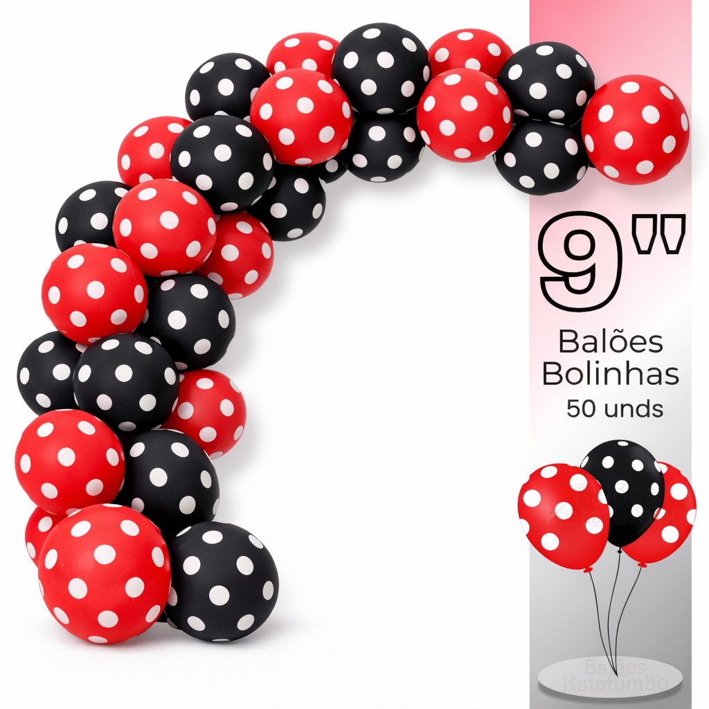 Kit 50 Balões Bexiga Látex Vermelho Com Bolinhas Brancas, Preto Com Bolinhas Brancas- Tamanho 9 Polegadas em Oferta na Shopee