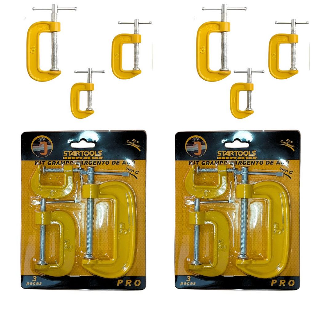 Kit 2 Jogos Grampos Sargento Aço Tipo C 3Pçs 1 a 3 Polegadas
