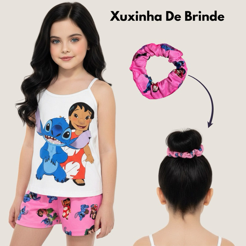 Pijama Infantil Feminino Baby Doll  Alcinha Estampa Stitch Xuxinha Do Stitch