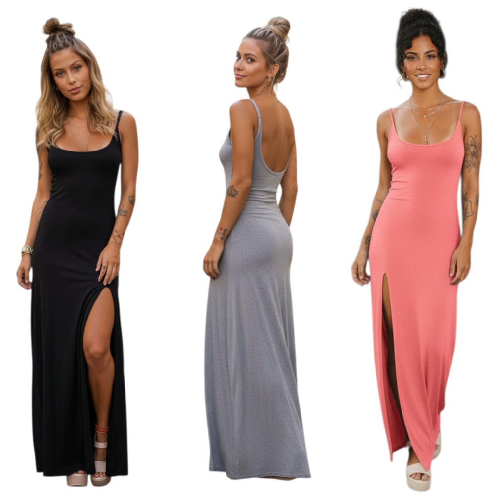 vestido longo com fenda e alças reguláveis achadinhos shopee