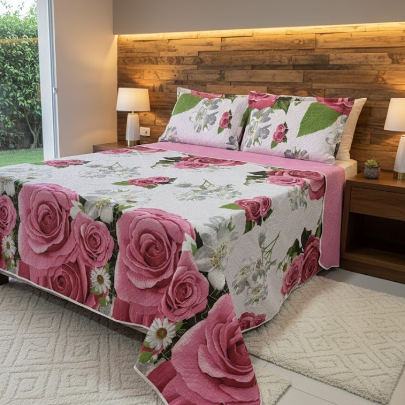 Jogo de Cama Casal Queen Colcha Cobre Leito Estampado Cama Casal Queen Dupla Face C/Fronhas C/Zíper Embutido 2,40 x 2,60