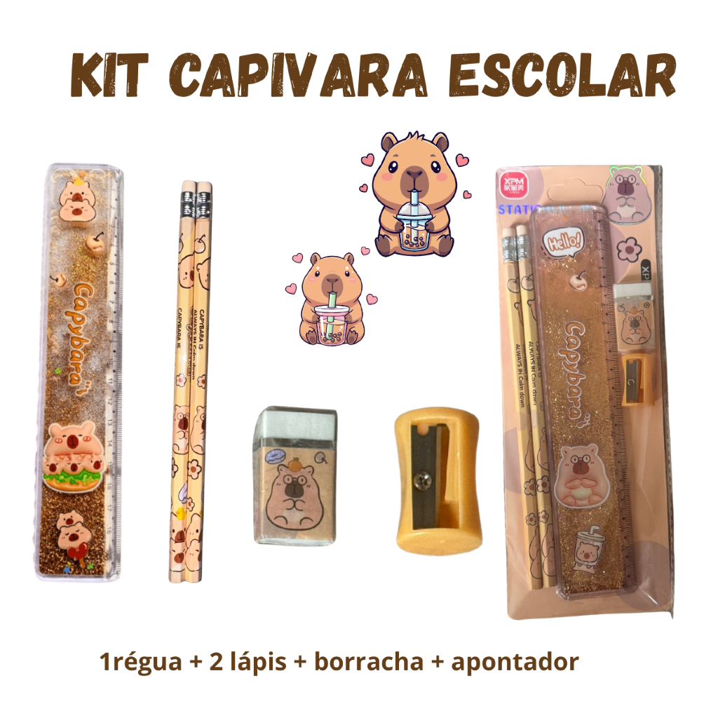 Kit Escolar Capivara Fofo | Lápis + Borracha + Apontador + Régua | Papelaria Cute