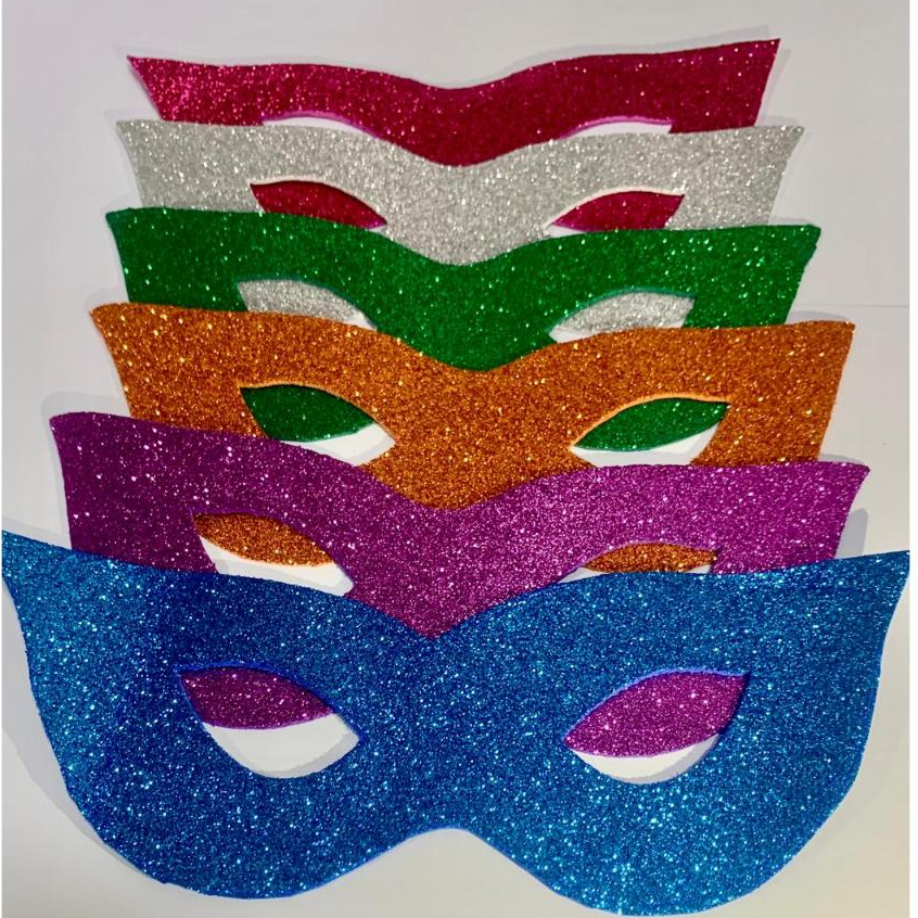 KIT MÁSCARA EVA GLITER COM ELÁSTICO 7CMX18CM- CARNAVAL-FORMATURA-FOLIA-INFANTIL/ADULTO SIMPLES