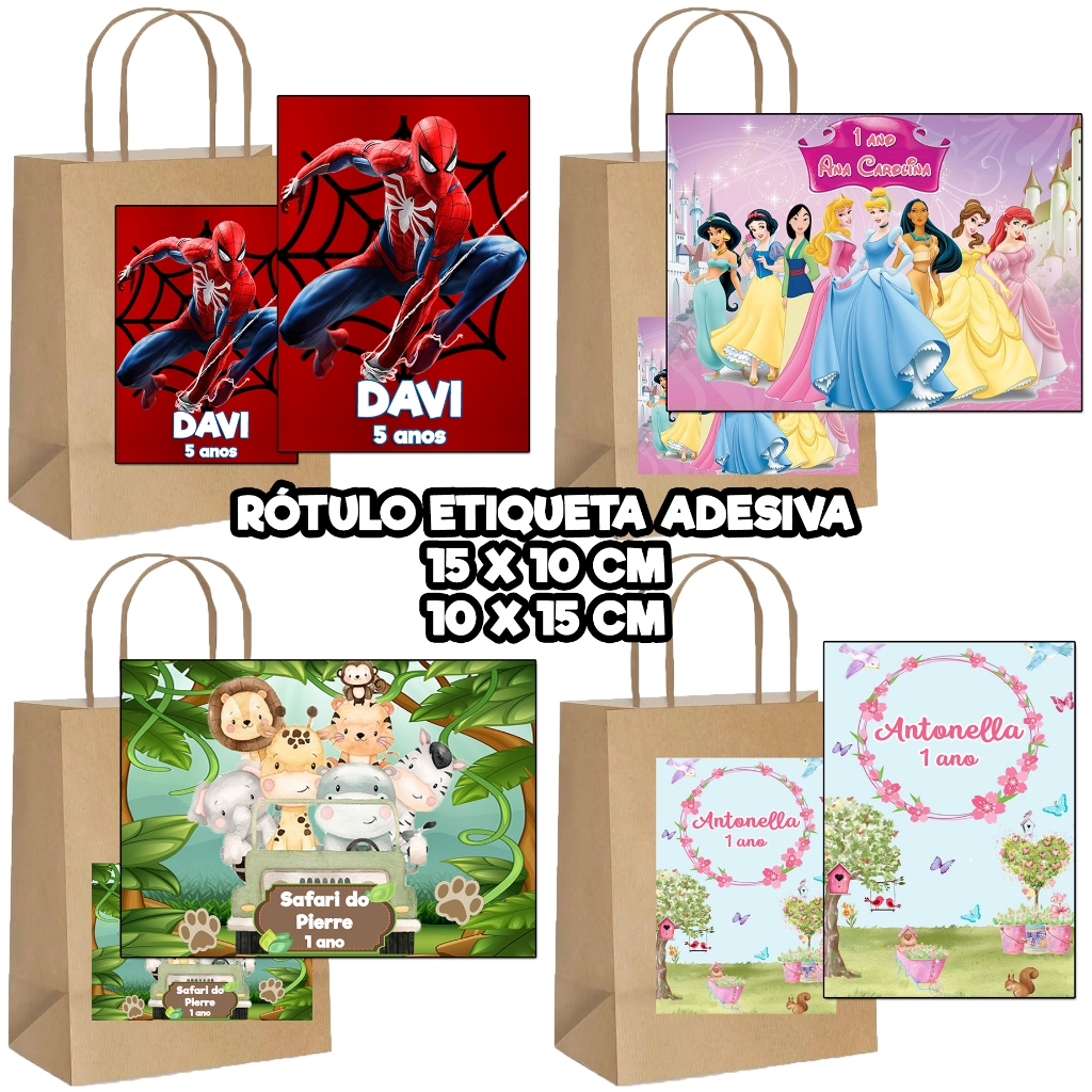 KIT RÓTULOS ADESIVOS 15 X 10 CM PARA SACOLA KRAFT ETIQUETAS PERSONALIZADAS LEMBRANCINHA FESTA NIVER