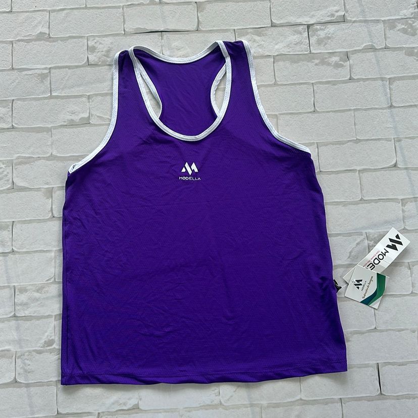 camiseta regata feminina de malha dry-fit roxa m, blusa regata feminina nadador roxa com branco m