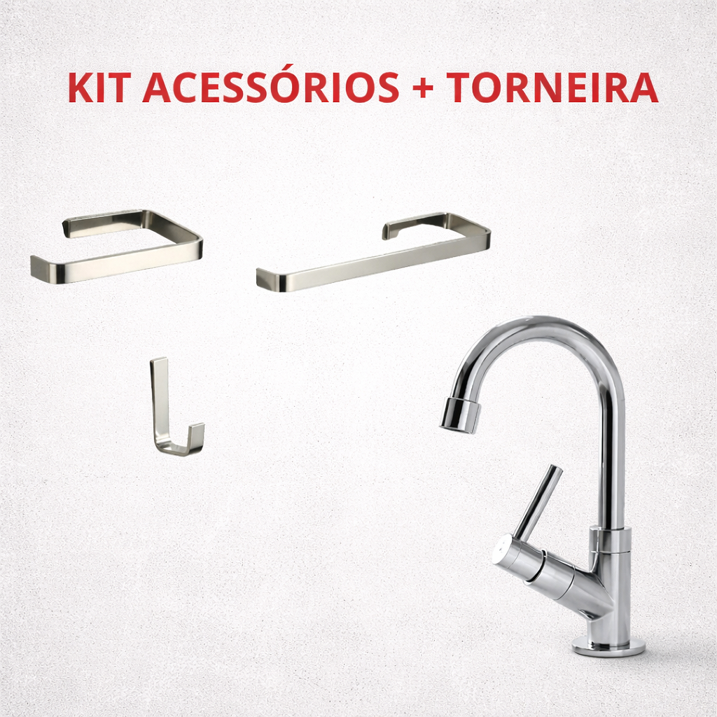 Kit Acessórios Quadrado 3 Peças + Torneira Lavatório Abs De Bancada Bica Móvel Cromada
